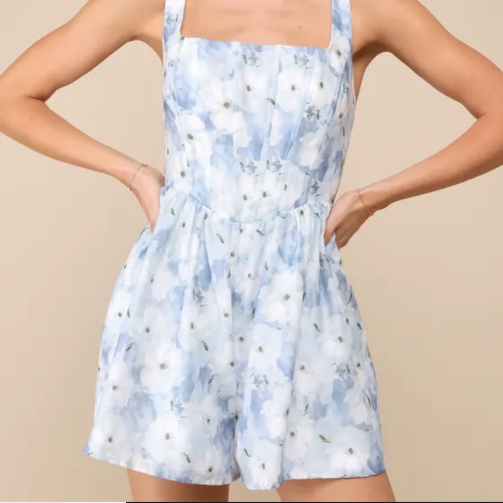 Lulus Blue Floral Organza Bustier Romper